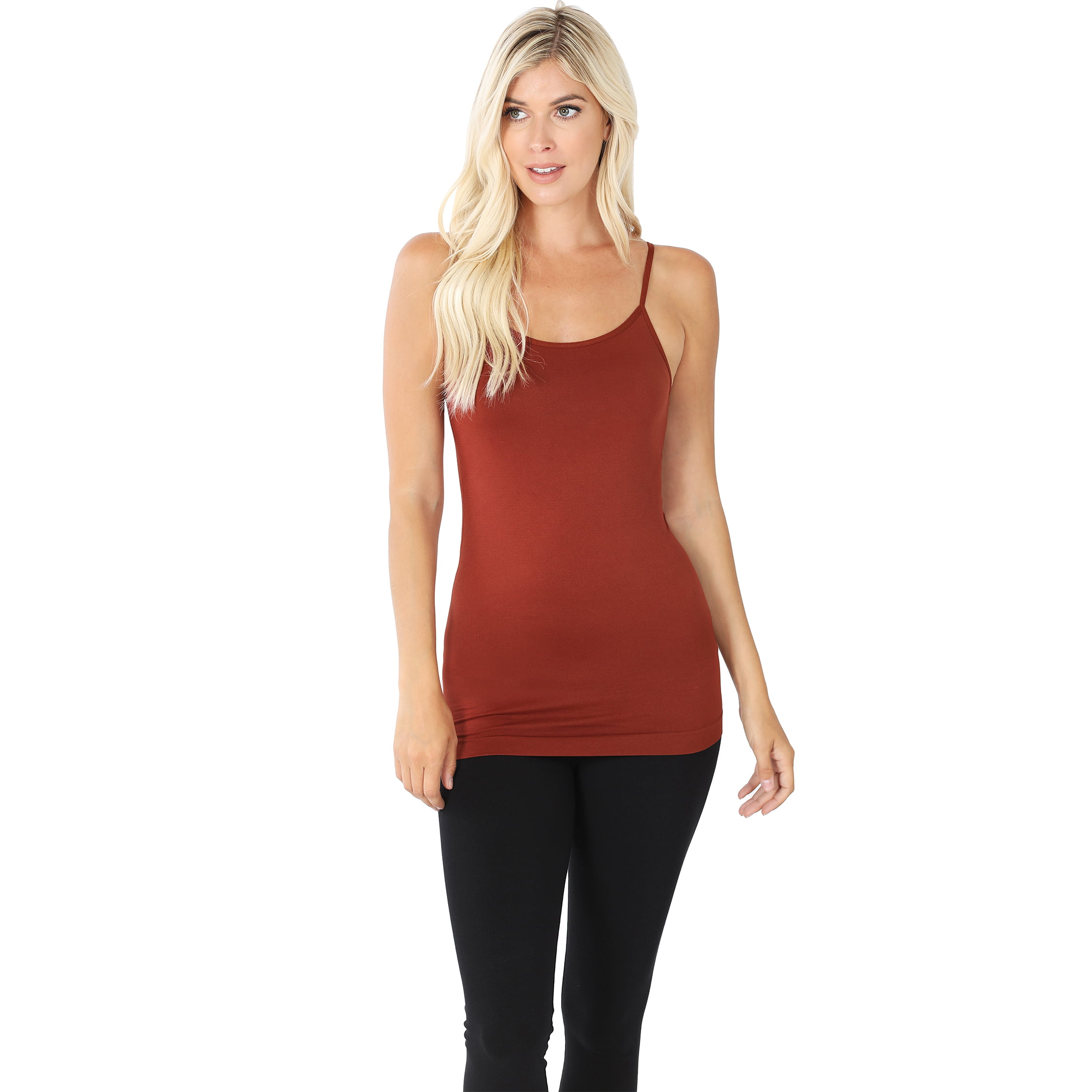 Women Basic Seamless Slim Fit Longline Undershirt Spaghetti Camisole Tank  Top with Adjustable Straps (Dark Rust, SM) 