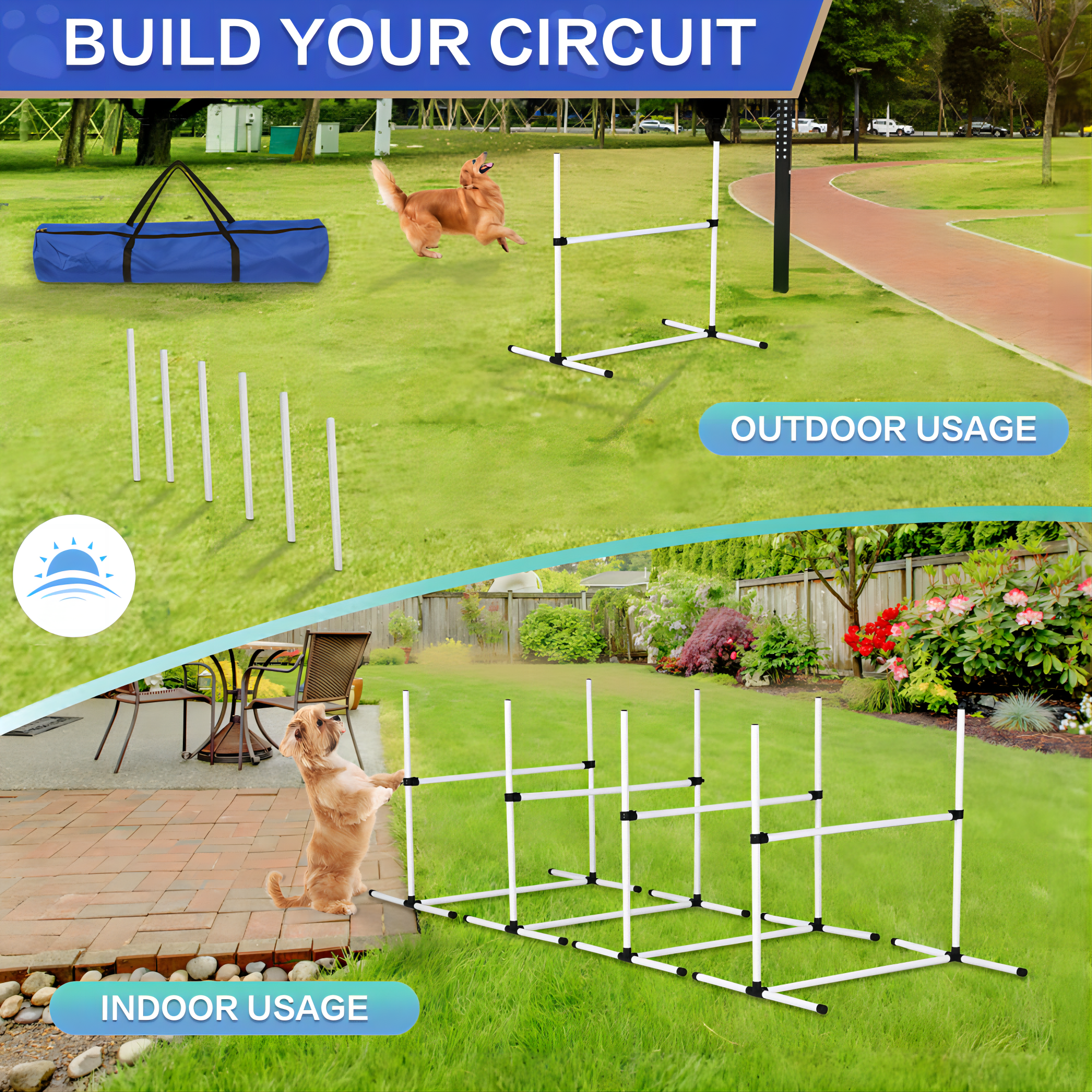 Aukfa Dog Agility Training Backyard Set, Obstacle Courses Starter Kit - Pet Outdoor Games w/Adjustable High Jump and Carrying Bag