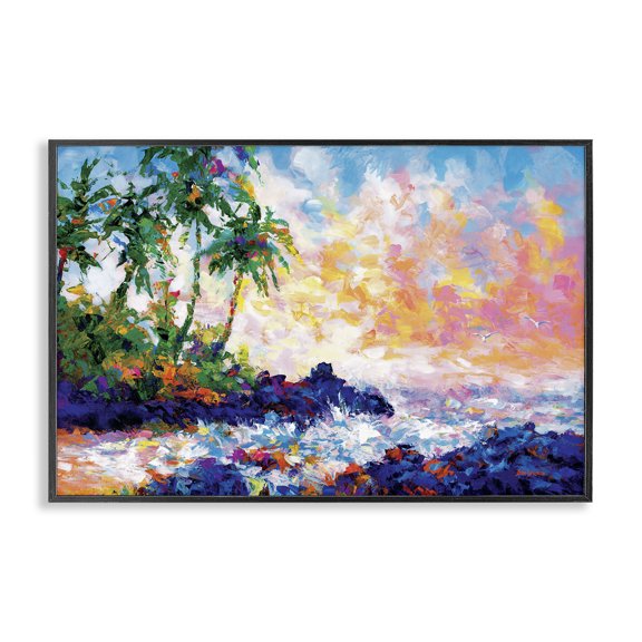 Stupell Industries Waves on Tropical Beach Landscape Painting Black Framed Art Print Wall Art, 30 x 20