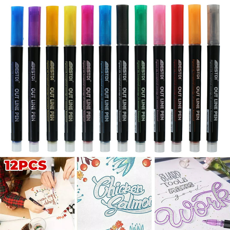 Eqwljwe Double Line Outline Pens - 12 Colors Self Outline Metallic Markers Double Line Pen, Outline Markers Pens for Art, Drawing, Greeting Cards