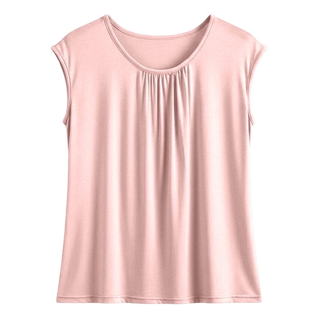 Gpoecd Camisole à Encolure Carrée Débardeur Sans Manches avec Détail Plissé pour l'Été Tenue Décontractée Confortable Col Rond Débardeur Basique Camisole pour Femmes Rose,G