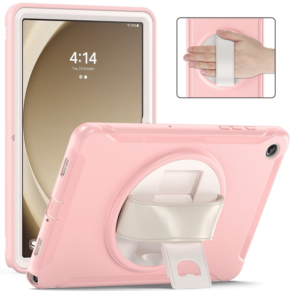 Kids Friendly Rugged Case for Samsung Galaxy Tab A9 11.0" 2023 SM-X210 / SM-X215 / SM-X216, Built-in 360° Rotatable Stand-Hand/Pencil Holder Heavy Duty Protection Cover for Tab A9 , Pink