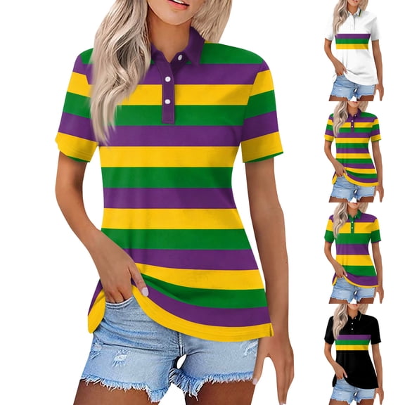 Hearthz Striped Women's Golf Polo Shirts Short Sleeve 3 Buttons Collared Uniform Tops for Women UPF 50  Sun Protection Golf Shirt Women Green XXL