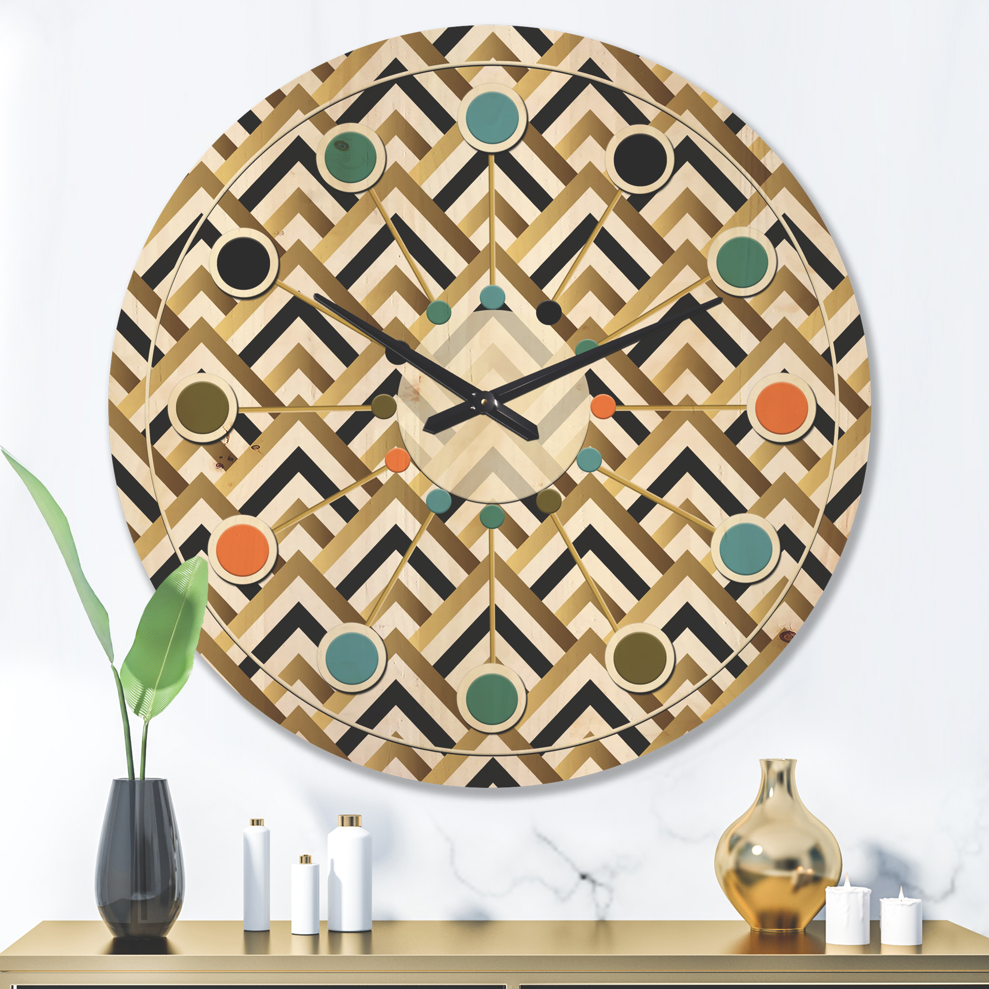 Designart 'White Gold and Black triangle' Mid-Century Modern Wood Wall Clock