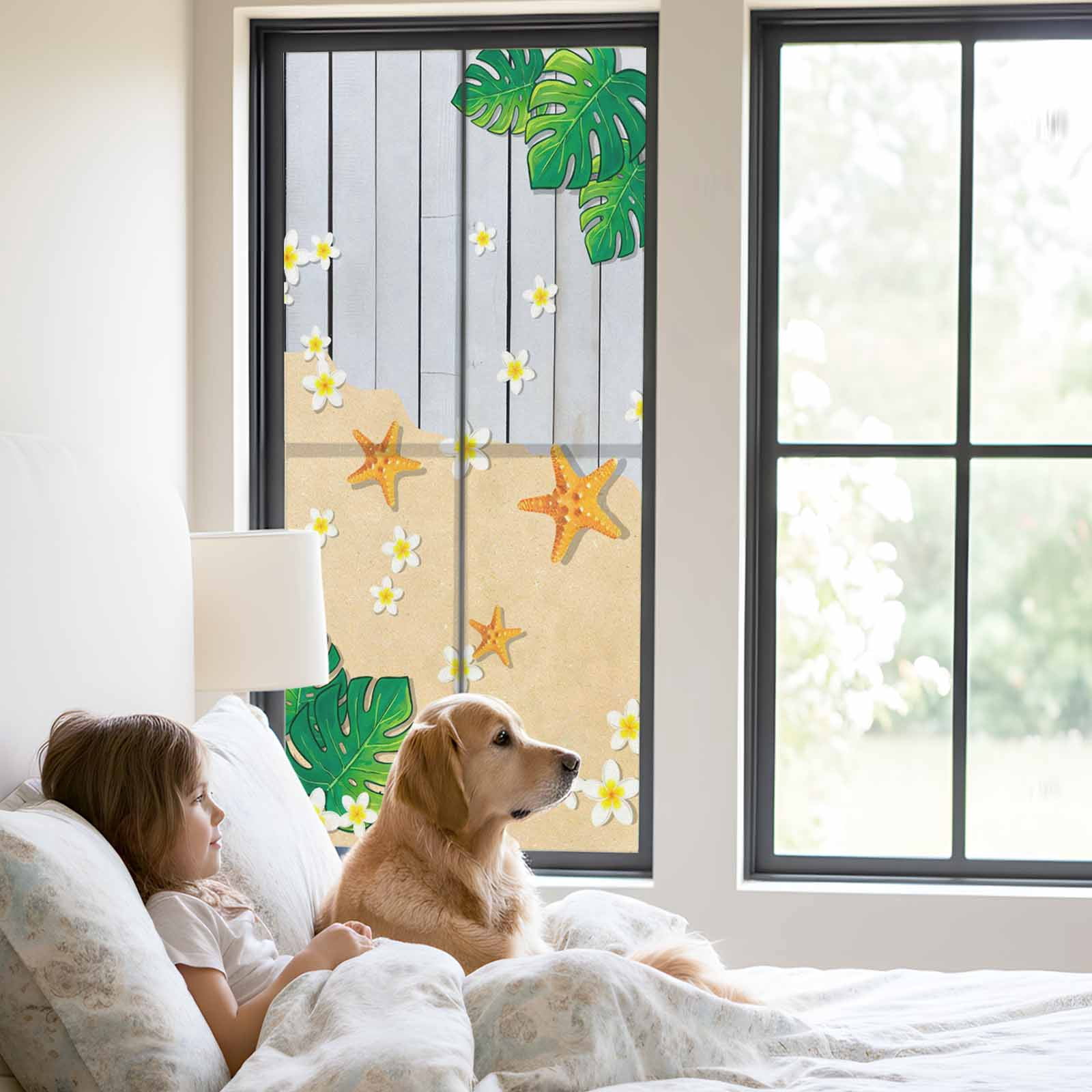 Tropical Summer Beach Window Privacy Film, Starfish Floral Monstera Gray Wood Frosted Glass Window Clings Static Cling UV Heat Blocking Reusable Door Sticker for Bathroom 23.6 x 59 Inch