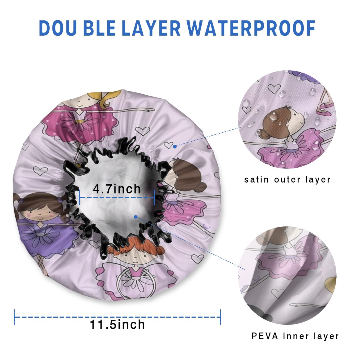 Shower Caps,Ballet Princess Girls Pattern Waterproof Shower Cap for Women 4 Pieces,Double Reusable Hair Cover for Shower PEVA Elastic Stretch Hem