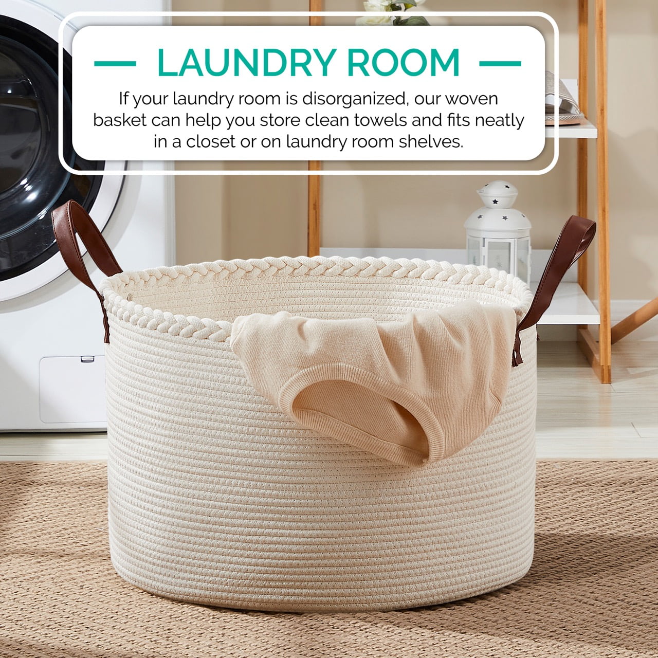 XLarge Round Cotton Rope Storage Basket Bin Organizer Laundry Hamper with Leather Handles, 21 x 21 x 14, Extra Large Blanket Woven Toy Basket for Baby Nursery - Cream