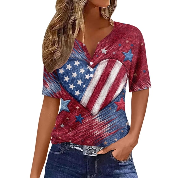 Short Sleeve T Shirts Women Plus Size USA 250th Anniversary Stars and Stripes Split Neck Oversized Tunic Summer Casual Lightweight Tee Red L
