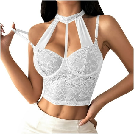 Oplxuo Sexy Corset Tops for Women Floral Lace Sheer Mesh Halter Strappy Cropped Vest Going Out Party Club Shirts