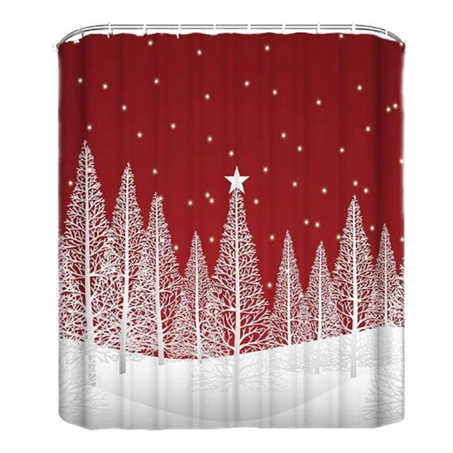 Qocolhg Décorations de Noël Extérieures et Intérieures en Liquidation, Rideau de Douche Scène de Neige de Forêt de Noël Imperméable et Anti-Moisissure, Rideau Rouge Anti-Saleté avec 12 Crochets