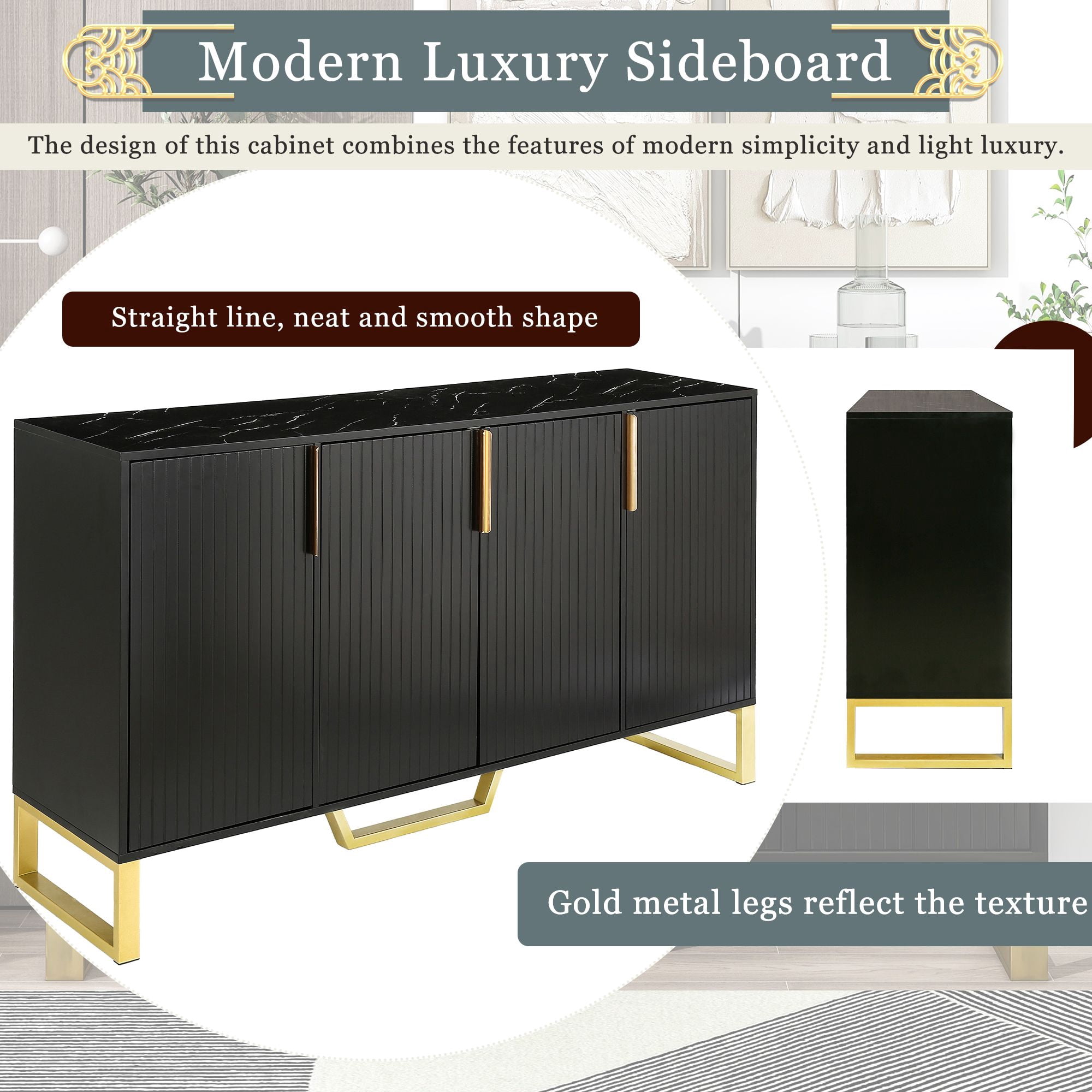 Aukfa Kitchen Cabinet,Modern sideboard with Four Doors - Black
