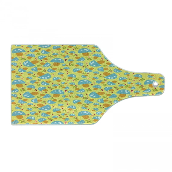 Mushroom Cutting Board, Woodland Cartoon Blue Mushrooms in Childish Drawing on Yellow Background, Decorative Tempered Glass Cutting and Serving Board, in 3 Sizes, by Ambesonne