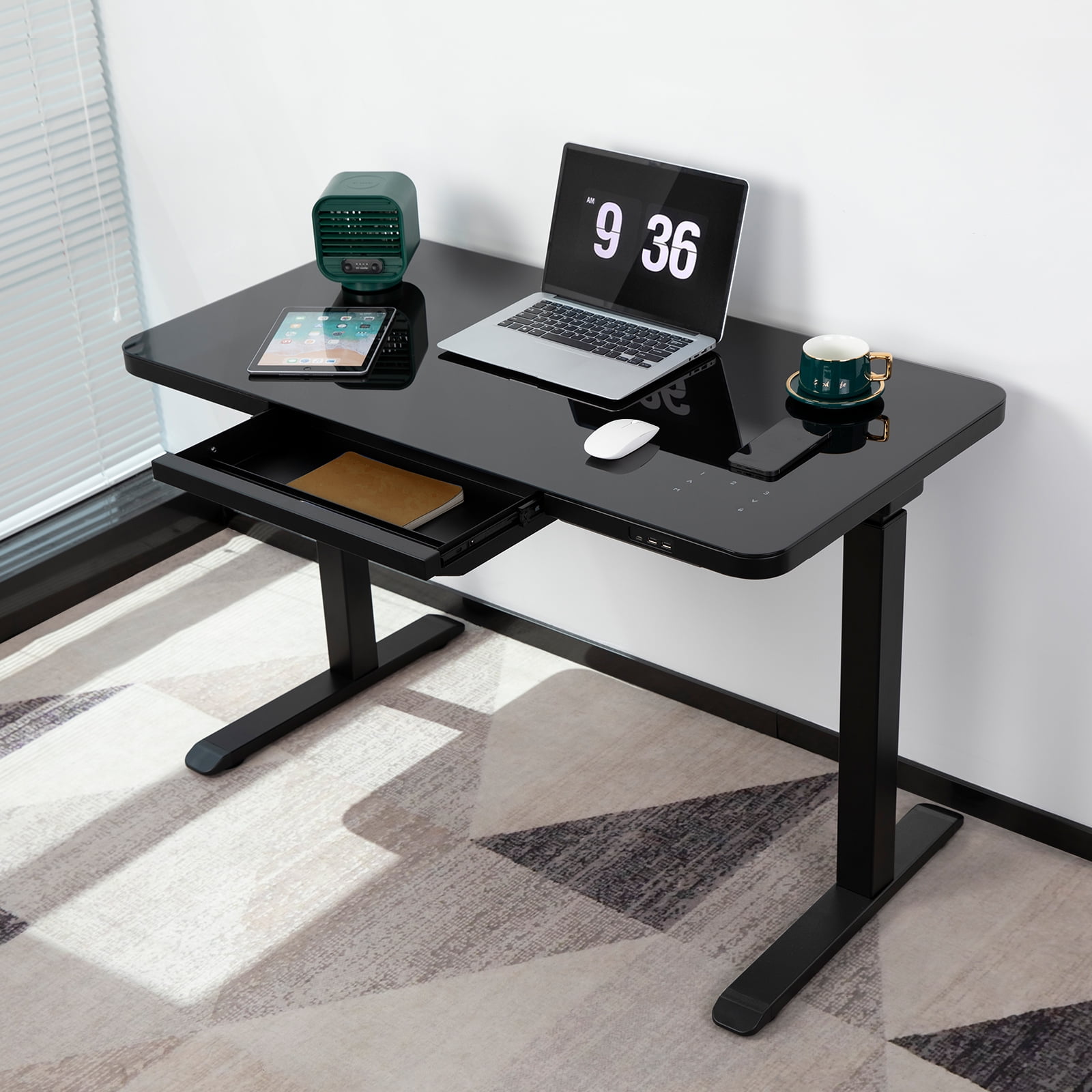 Buy AIMEZO Ergonomic Height Adjustable Glass Standing Desks with Drawer ...