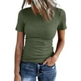 thumbnail image 2 of Fshiont Dressy Knit Womens Short Sleeve Stretch Crewneck Ribbed T-Shirt Fitted Casual Basic Tops Army Green M, 2 of 6
