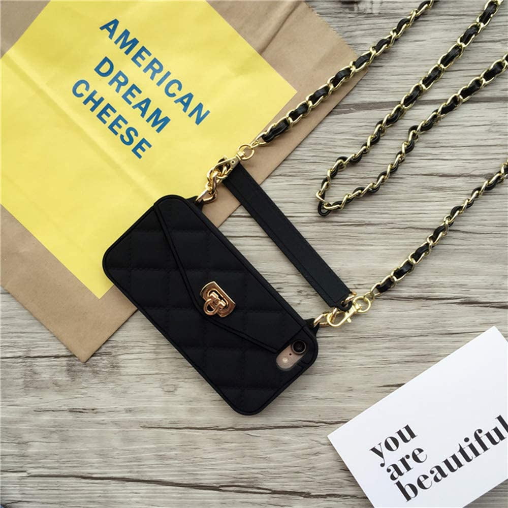Wallet Case Compatible with iPhone Pretty Luxury Bag Design Purse Flip Card Pouch Cover Soft Silicone Case with Hand Holder Long Shoulder Strap Black iPhone 7 8 Walmart