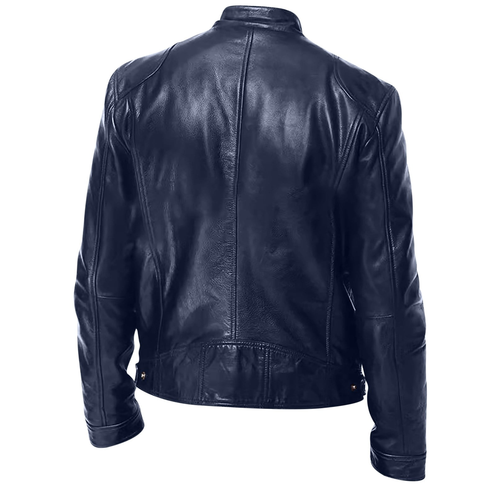 BLTIBY Mens Leather Jacket Fall Winter Solid Color Stand Collar Vintage Motorcycle Biker Jackets Long Sleeve Casual Coat Outwear with Pockets Dark Blue XL