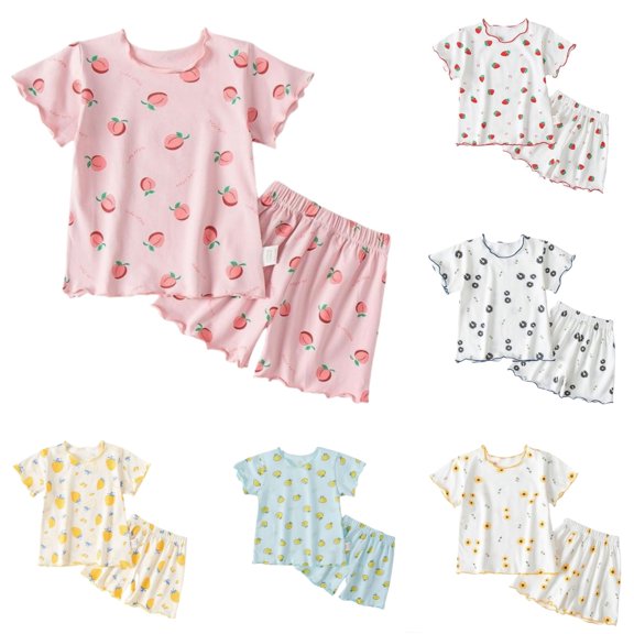 Weebloom Kids Pajamas Baby Girls Toddler Girl Ruffle Short Sleeve Strawberry Print T Shirt Top Shorts Home Clothes Loose Sleepwear Nightwear Pjs Loungewear Pink 6-12 Months