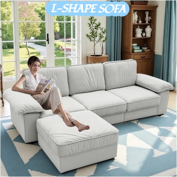 JERFIT Modern Velvet L-Shaped Sectional Sofa with Ottoman, Cream White Upholstered Fabric Storage Couch for Living Room, Deep Seat Modular Sofa Set, Home Furniture