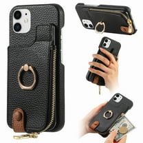 ELEHOLD for iPhone 11 Luxury Leather Wallet Case with Back Flip Card Slots RFID Blocking Zipper Cash Pocket Stand Function Ring Holder Support Magnetic Car Mount Shockproof Case,black