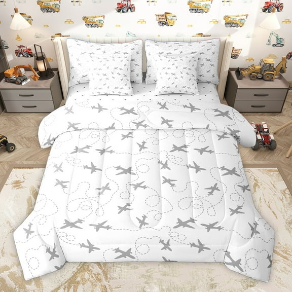 Homewish Aircraft 7-Piece Twin Bedding Sets,Kids Airplane Print Bedding Comforter Set,Gray White Sheet Sets For Boys Teens,Breathable Home Decor Reversible