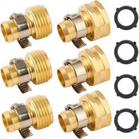 PLUMYHG-Brass Garden Hose Repair Connector with Clamps Hose End Repair Kit Fit for 5/8 Garden Hose Fitting Male and Female Hose Fittings 3-Set