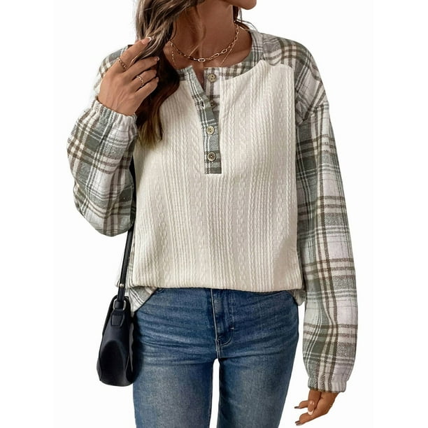 Sudadera Henley para Mujer, Informal, de Larga y Cuello Henley, 65% Algodón, con Diseño de Cuadros y Patchwork. Color Albaricoque Arroz M