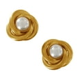 thumbnail image 2 of Faux Pearl Gold Tone Twisted Love Knot Button Pierced Earrings Ribbed Studs 7/8" Ladies Adult Female Women, 2 of 4