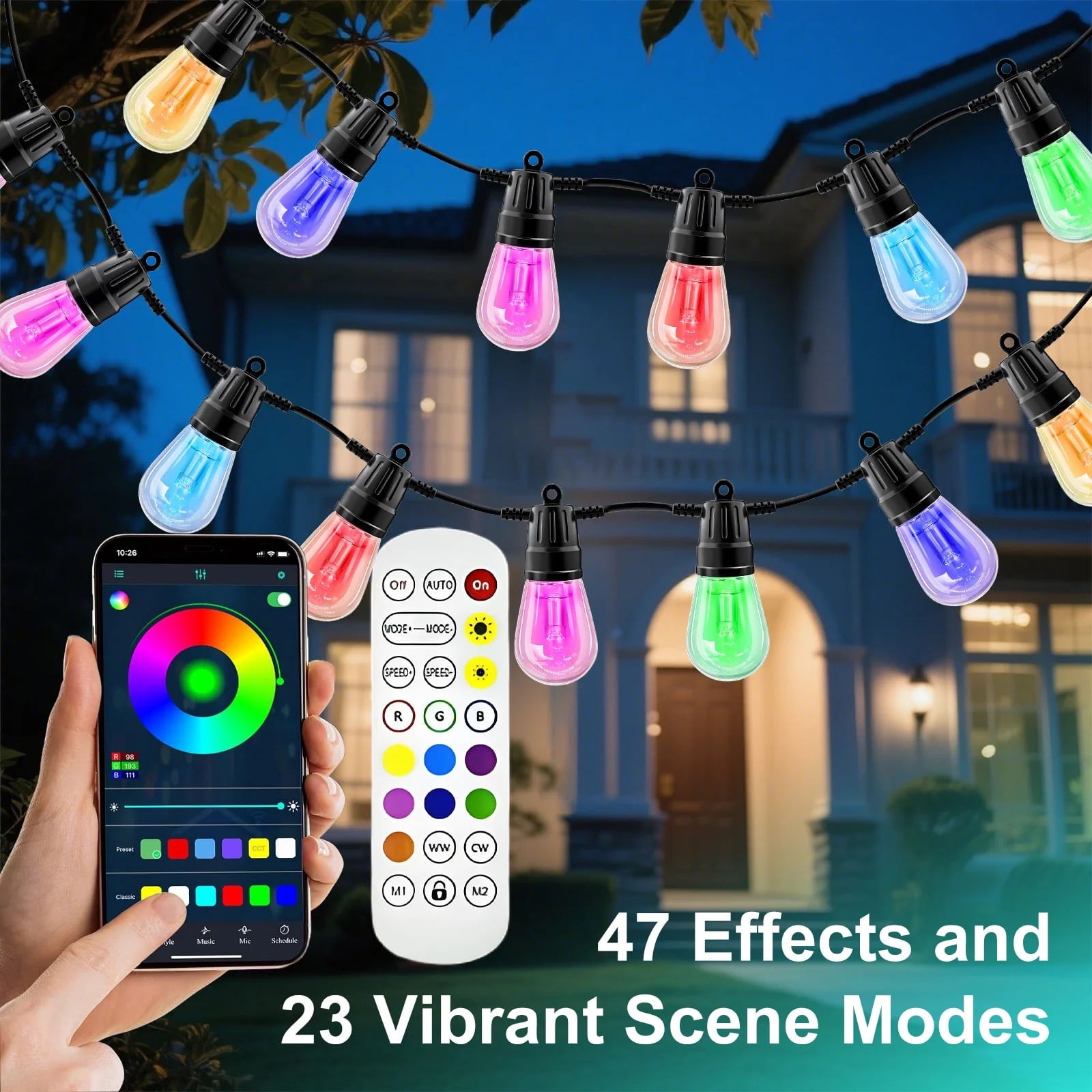 GLUAAE 50ft Outdoor String Lights with APP & Remote Control - RGB Waterproof LED Patio Lights, 20 Bulbs Hanging Lights for Garden, Backyard, Christmas, Party Decor