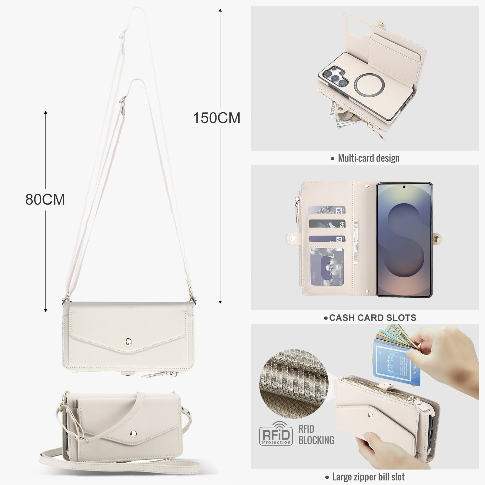 Designed for Samsung Galaxy S24 FE Multi-Function Wallet Phone Case,With Shoulder Strap&Wrist Strap,Cash Pocket&Card Slots,Zipper Purse,Magnetic Detachable PU Leather Flip Phone Case,White