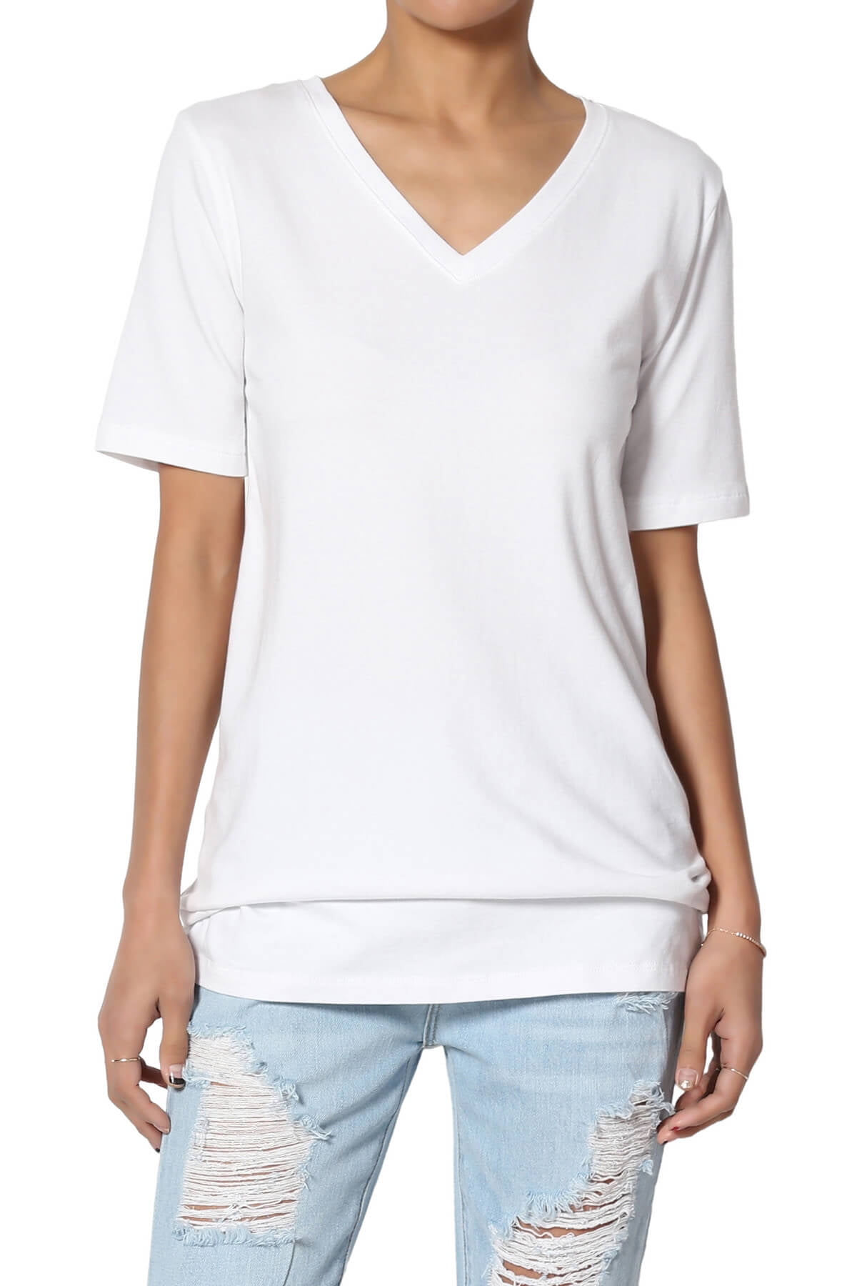 Women's Basic Cotton Span VNeck Relxed Slim Fit Tee Tunic Length T