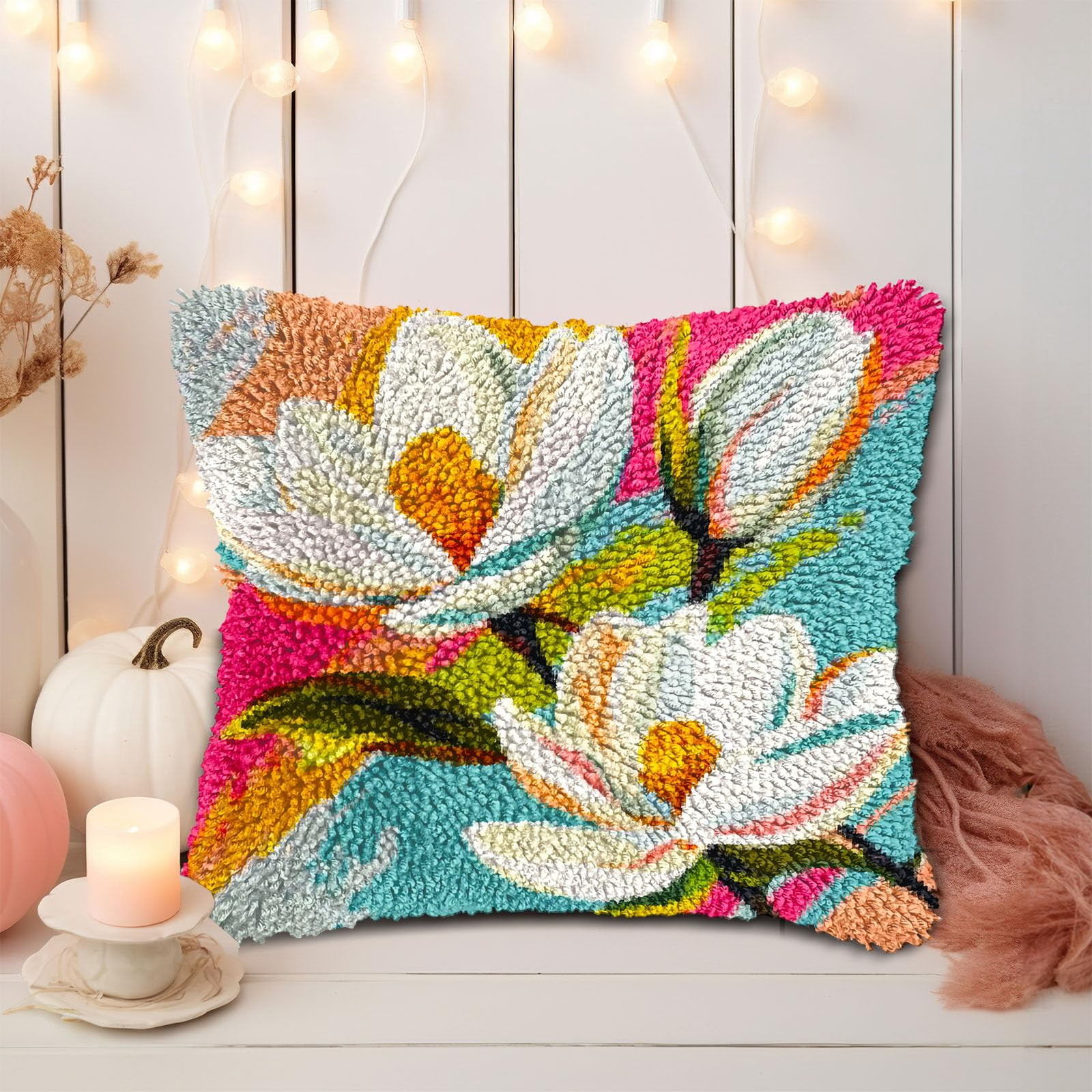 White Magnolia Flowers DIY Latch Hook Pillow Kits for Adults Printed Pillowcase Crochet Yarns Hooking Handmade Pillow Cover Cushion for Home Sofa Decoration 17x17inch(1)