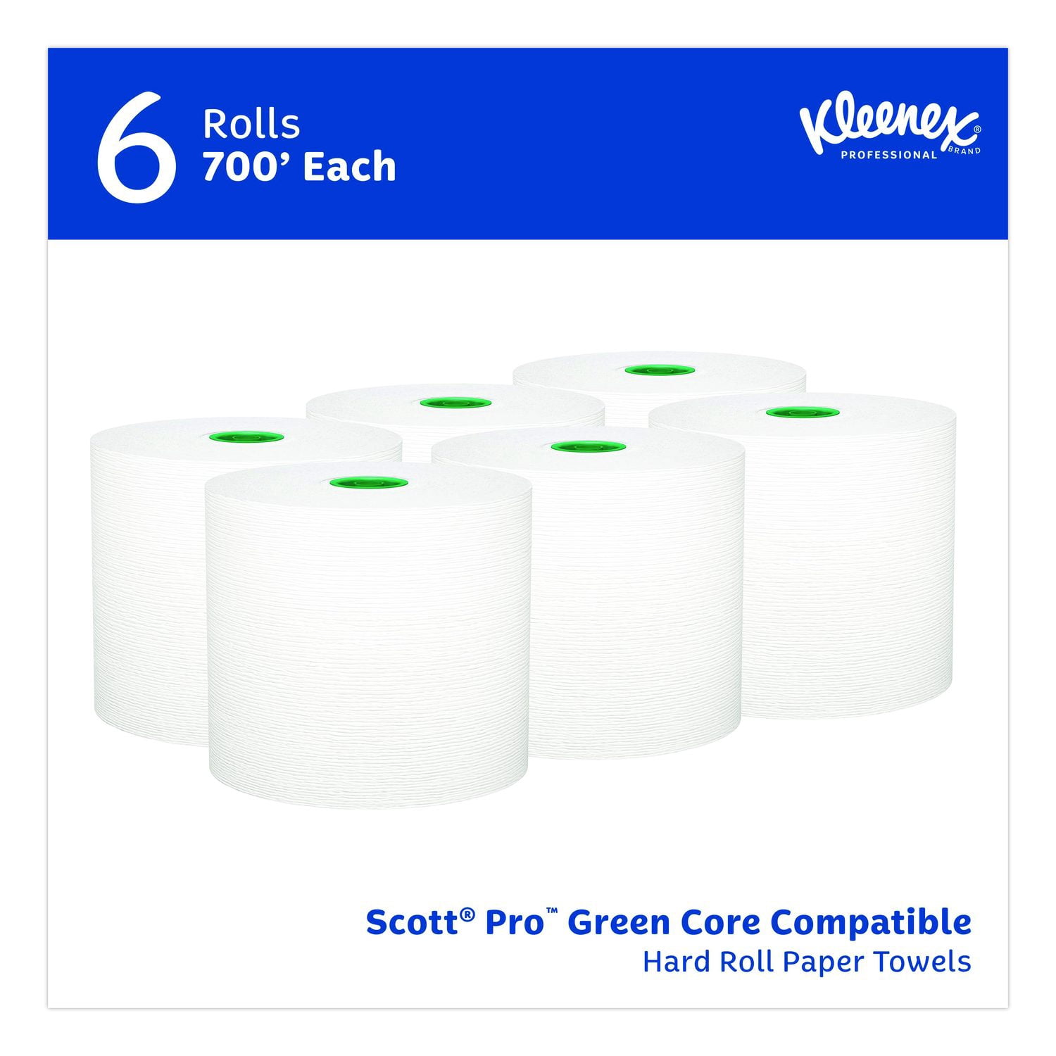 Kleenex® Hard Roll Paper Towels with Premium Absorbency Pockets with Colored Core, Green Core, 1-Ply, 7.5" x 700 ft, White, 6 Rolls/CT
