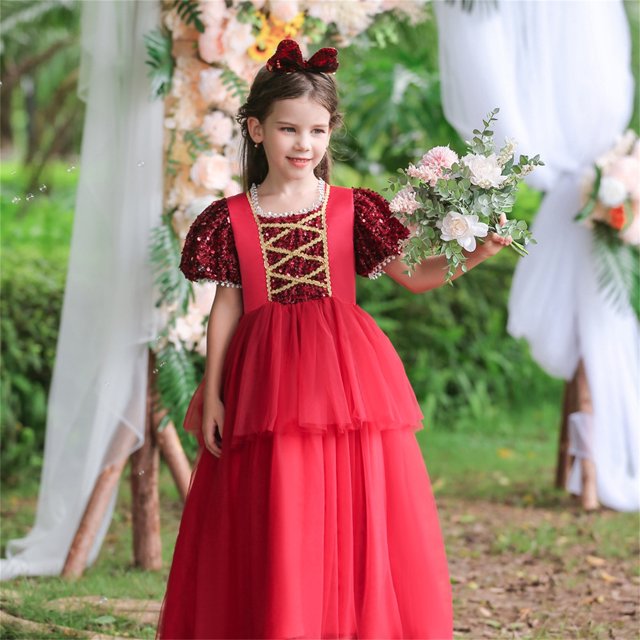 LEEy-world Vêtements pour Bébés Filles Robe à Manches Courtes en Tulle Imprimés Floraux Robe à Franges Robe de Princesse Vêtements, Rouge