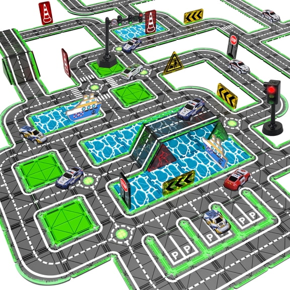 SKY MagnaPlay Magnetic Tiles Road Set, 48 Piece STEM Building Toy with Pull-Back Cars, Boat and Traffic Accessories