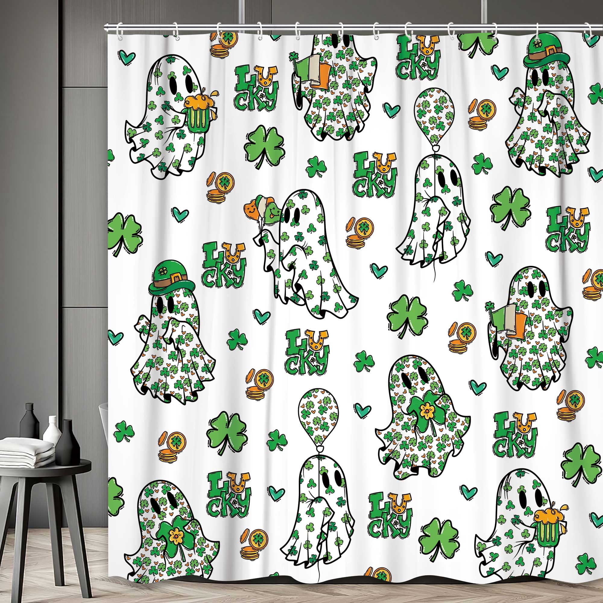 St. Patrick's Day Shower Curtain, Cute Ghost Green Luck Clover Balloon Elf Shower Curtain Sets, Festival Spring Party Waterproof Fabric Bathtub Curtain with Hooks, 72X72in