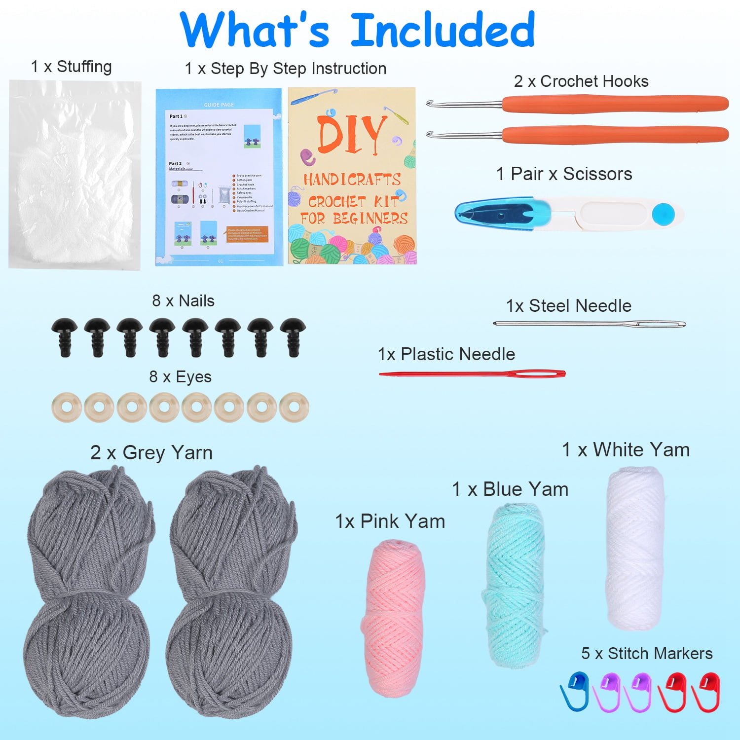 Imountek Elephant Crochet Set for Beginners, DIY Crochet Starter Kit with Video Tutorial for Kids Adults, 2 Elephant Patterns