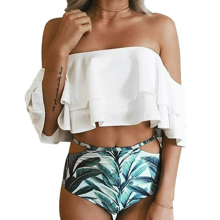 Strappy Mid High Waisted Swimsuit Two Piece Halter Leaf Print Bathing Suit Flounce Ruffle Bikini Off Shoulder Swimwear for Honeymoon, Tropical Trip, Vacation or Pool (Best Mid Priced Suits)