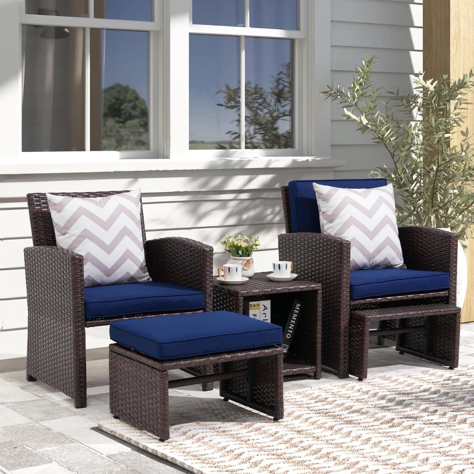 JOIVI 5-Pcs Patio Conversation Set, Balcony Furniture Set with Cushions, Brown Wicker Chair with Ottoman & Storage Table, Navy Blue