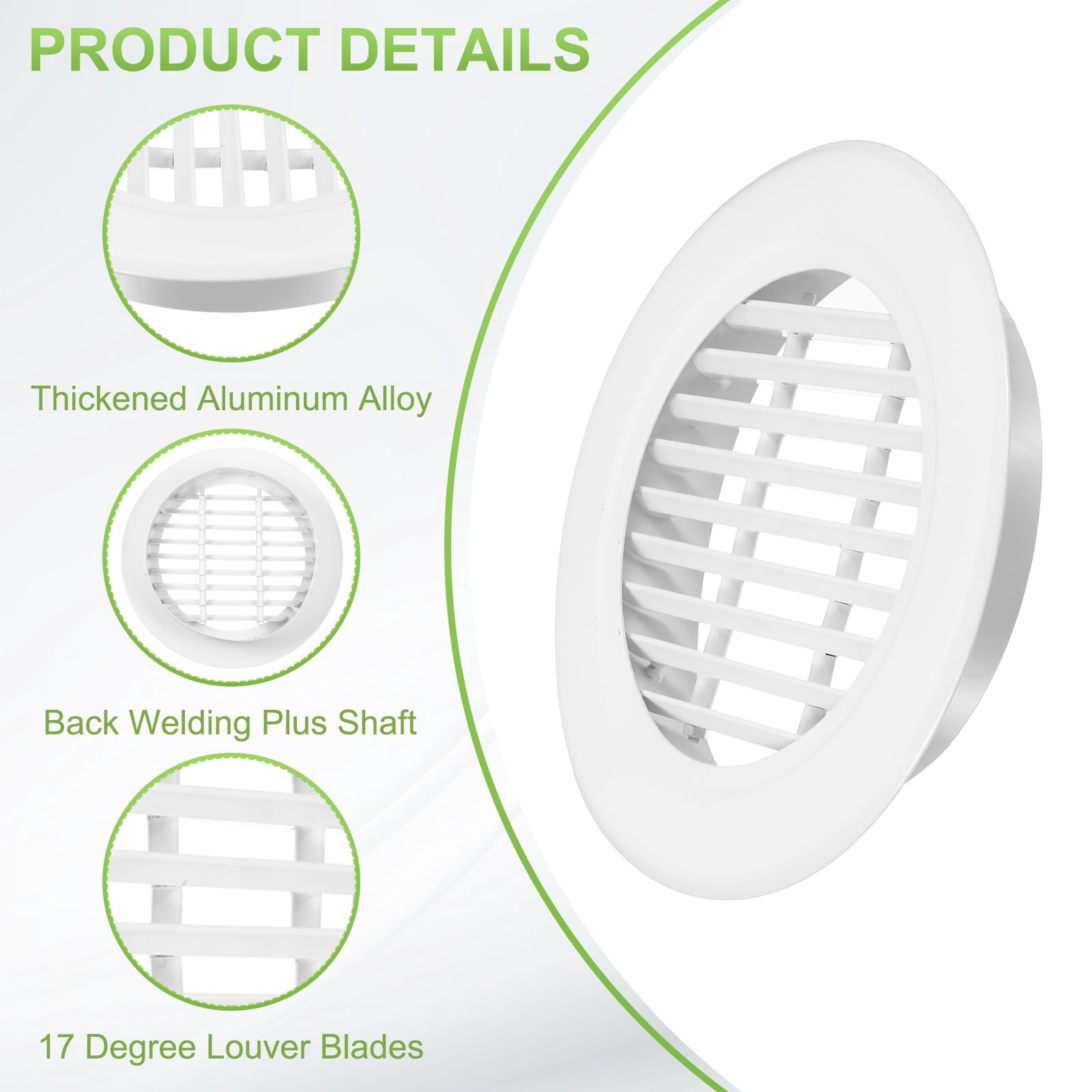 Uxcell 7" Round Air Vent, 17 Degrees Louver Grille Cover Aluminum Alloy Soffit Vent HVAC Ventilation for Ceiling Wall Roofing Bathroom Kitchen Garage Duct Shed Garage, White