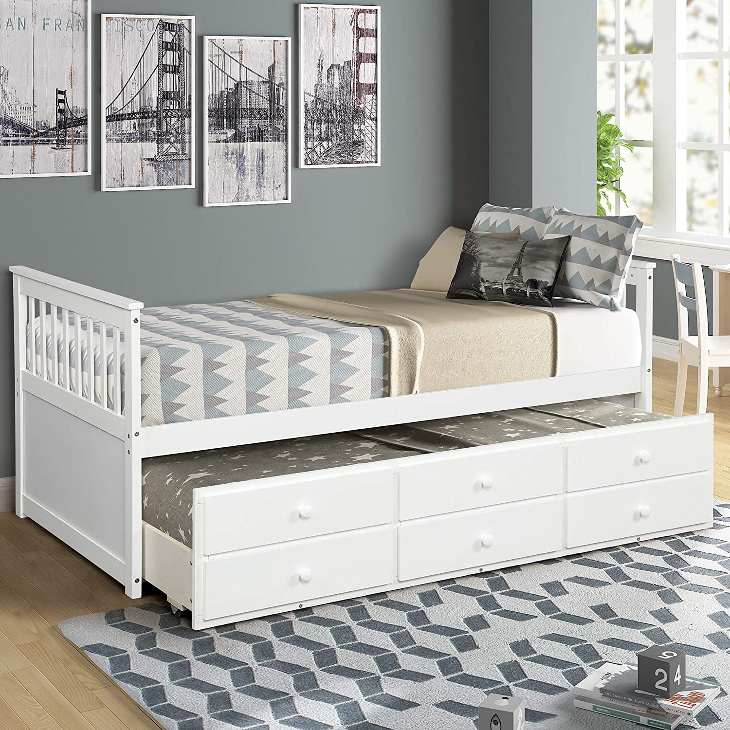 Wooden Platform Bed, Twin Captains Bed With Trundle And Storage Drawers