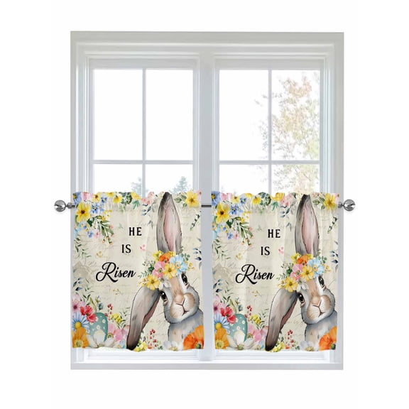 Easter 2 Panel Kitchen Curtains for Small Windows, Spring Watercolor Vintage Bunny Eggs Flower Bathroom Tier Curtain, Short Window Treatment for Bedroom/Living Room 55"x36"