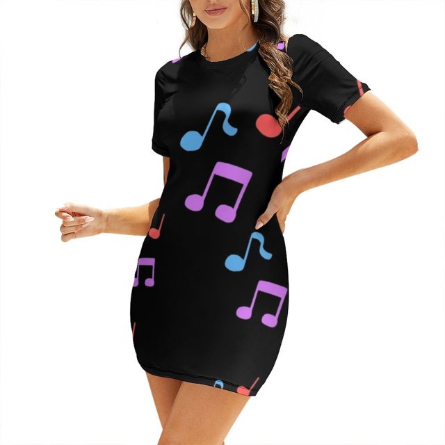 Playful Notes Square Neck Dress New Plus Size Elegant Women Waist Tight Dress Note Clef Melody Music Notes Rhythm Treble Note