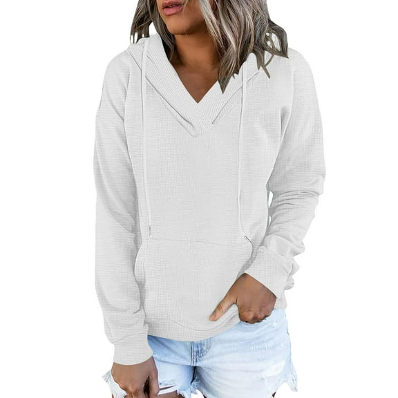 Enjoytime Sweatshirt for Women Fall Winter V-Neck Long Sleeve Pullover Hoodies Solid Color Casual Lightweight Hooded Tops with Pockets White M