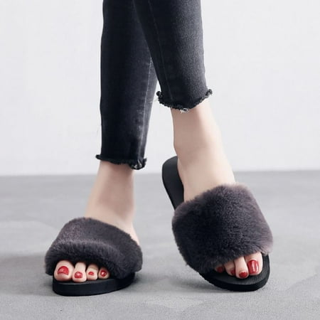

Promotion Clearance Women Slippers Fashion Fluffy Faux Fur Plush Slippers Women Spring Autumn Slides Flip Flops Flat Shoes Gray 39