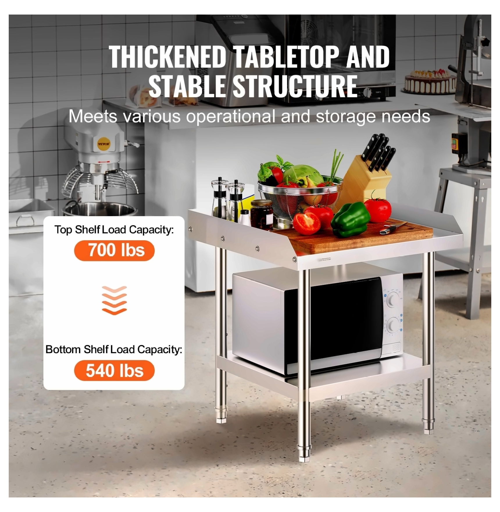 Stainless Steel Work Table 24x24x26 Inch - Commercial Food Prep Table - Heavy Duty 3-Sided Backsplash - Adjustable Height Metal Worktable for Restaurant Home Kitchen