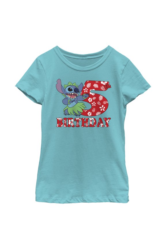 Girl's Lilo & Stitch 5th Birthday Hula Dance Graphic Tee Tahiti Blue Medium