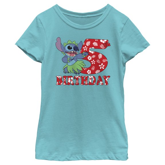 Girl's Lilo & Stitch 5th Birthday Hula Dance Graphic Tee Tahiti Blue X Small