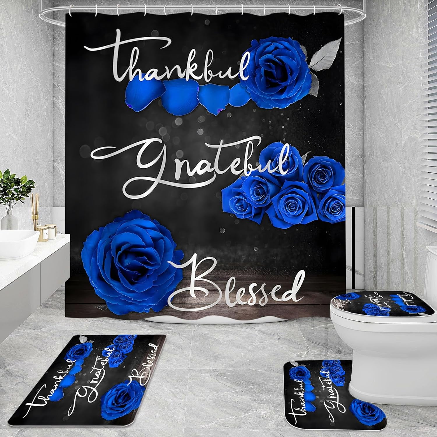 4 Pcs Red Rose Shower Curtain Set with Non-Slip Rugs, Toilet Lid Cover and Bath Mat, Thankful Grateful Blessed Romantic Showy Elegant Floral Bathroom Decor Set with Shower Curtain and Rugs