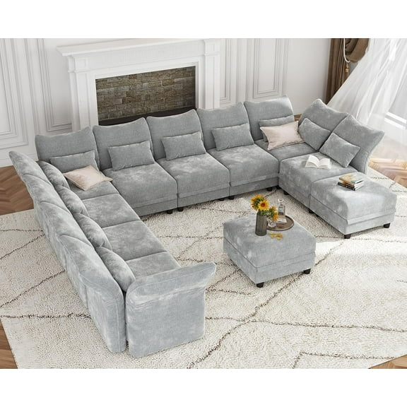 LLappuil Modular Sectional Sofa, 11 Seat Modular Sectional Sofa with 2 Storage Ottoman, 25.6 Deep Seat Chenille Sofa Gray