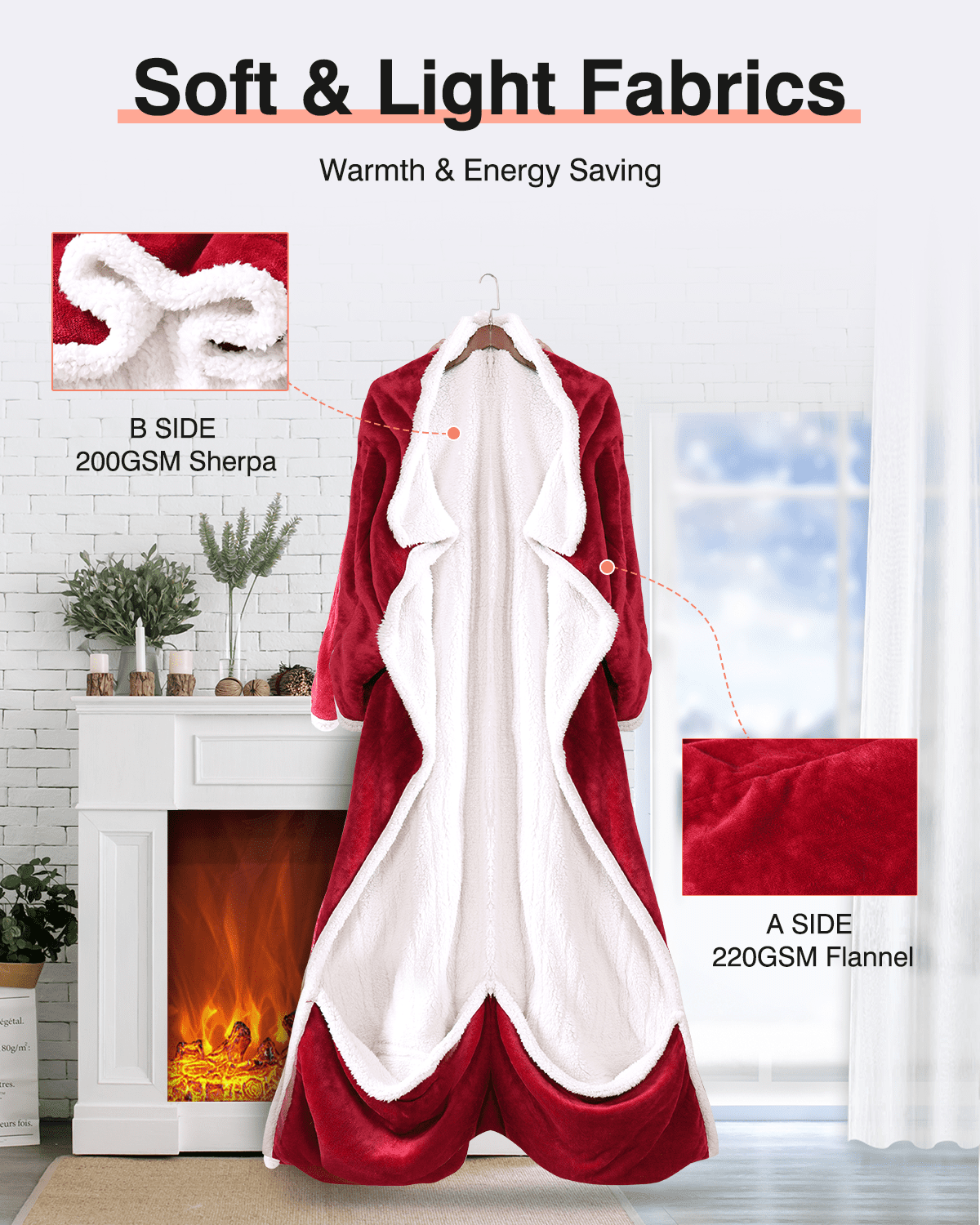 Ocuuziisu Wearable Heated Throw Blanket with Pockets, 50" x 70" Flannel and Sherpa Electric Wrap Poncho Shawl, 4-Hour Auto Shut Off, Machine Washable, Red